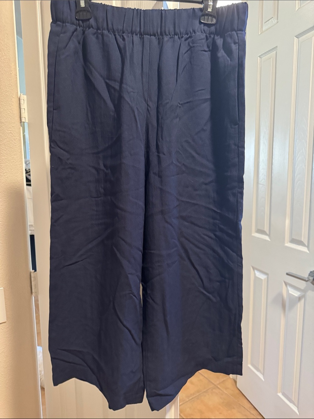 Navy Wide Leg Elastic Waist Pants - linen
